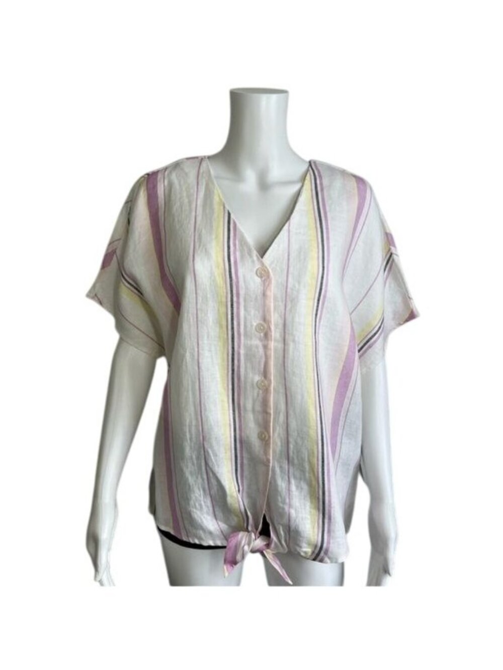 Three Dots Short Sleeves Tie Front Button-down Top - L